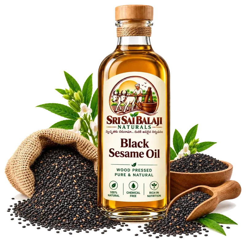 Cold pressed black sesame oil bottle in Vijayawada