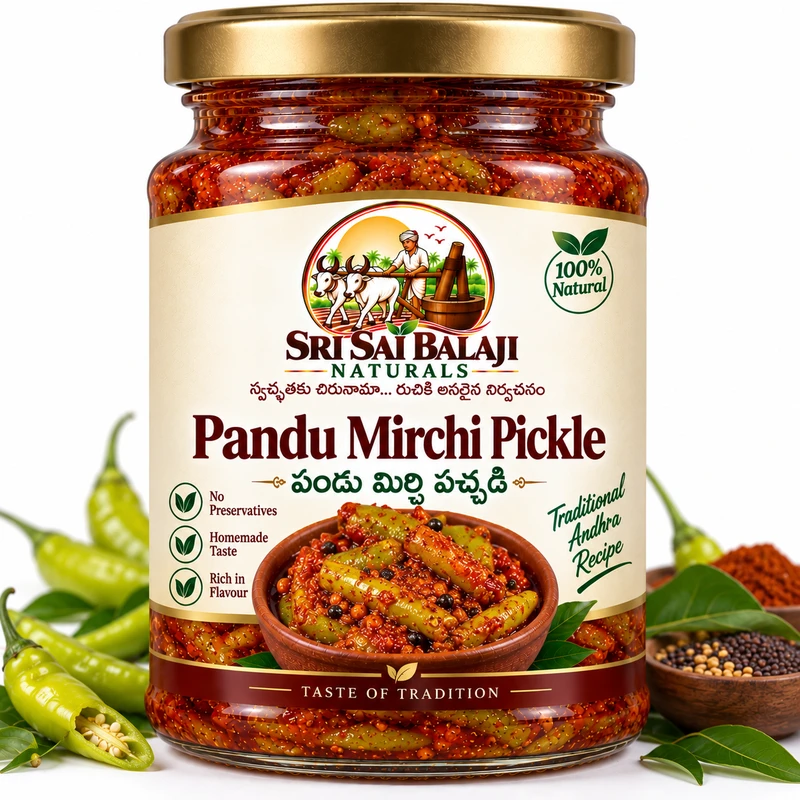 Traditional Andhra pandu mirchi (ripe chilli) pickle jar in Vijayawada
