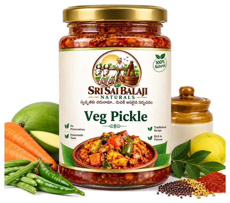 Traditional Andhra veg pickle jar from Sri Sai Balaji Naturals, Vijayawada